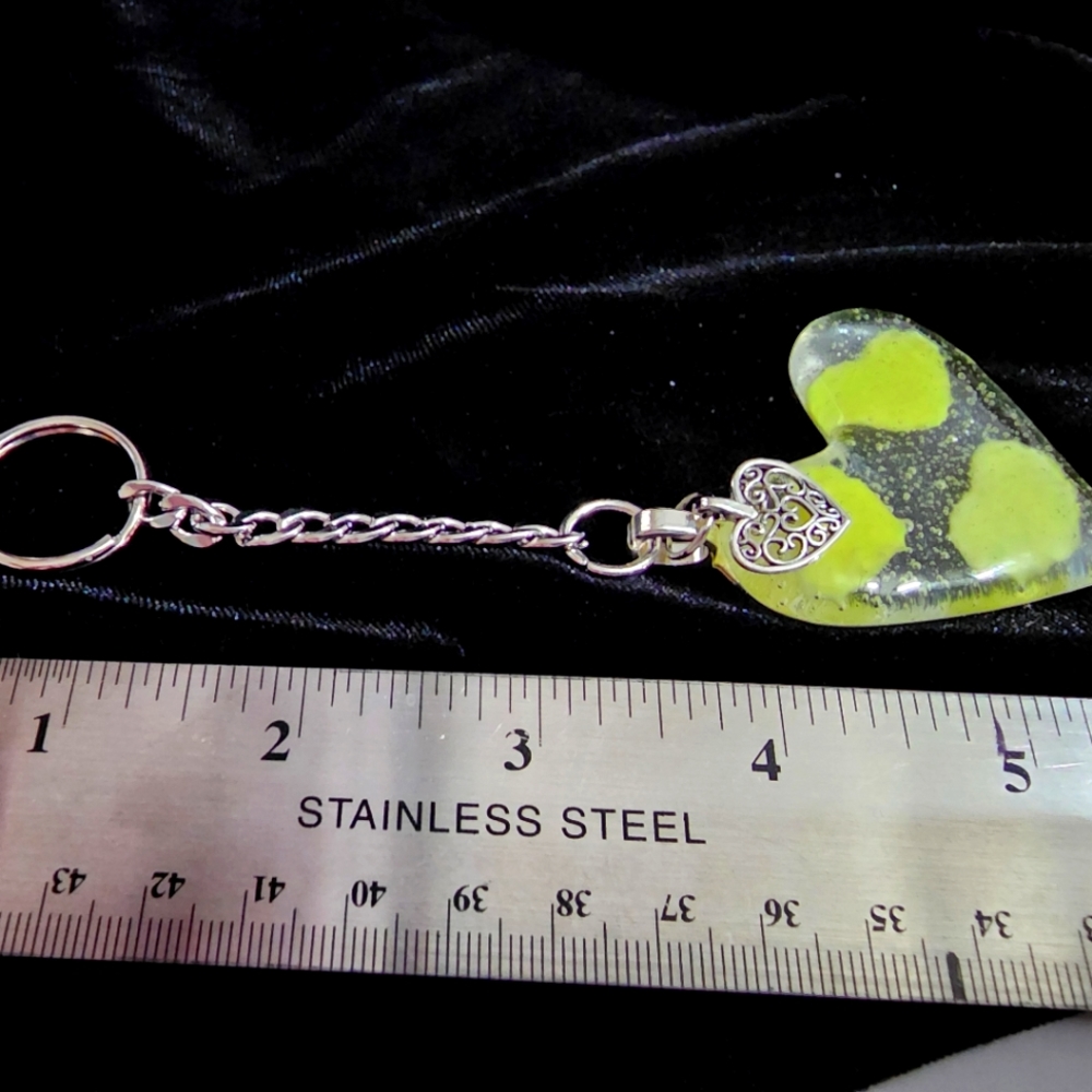 Stained Glass  Heart Key Chain & Heart Charm  with 3 Yellow Hearts